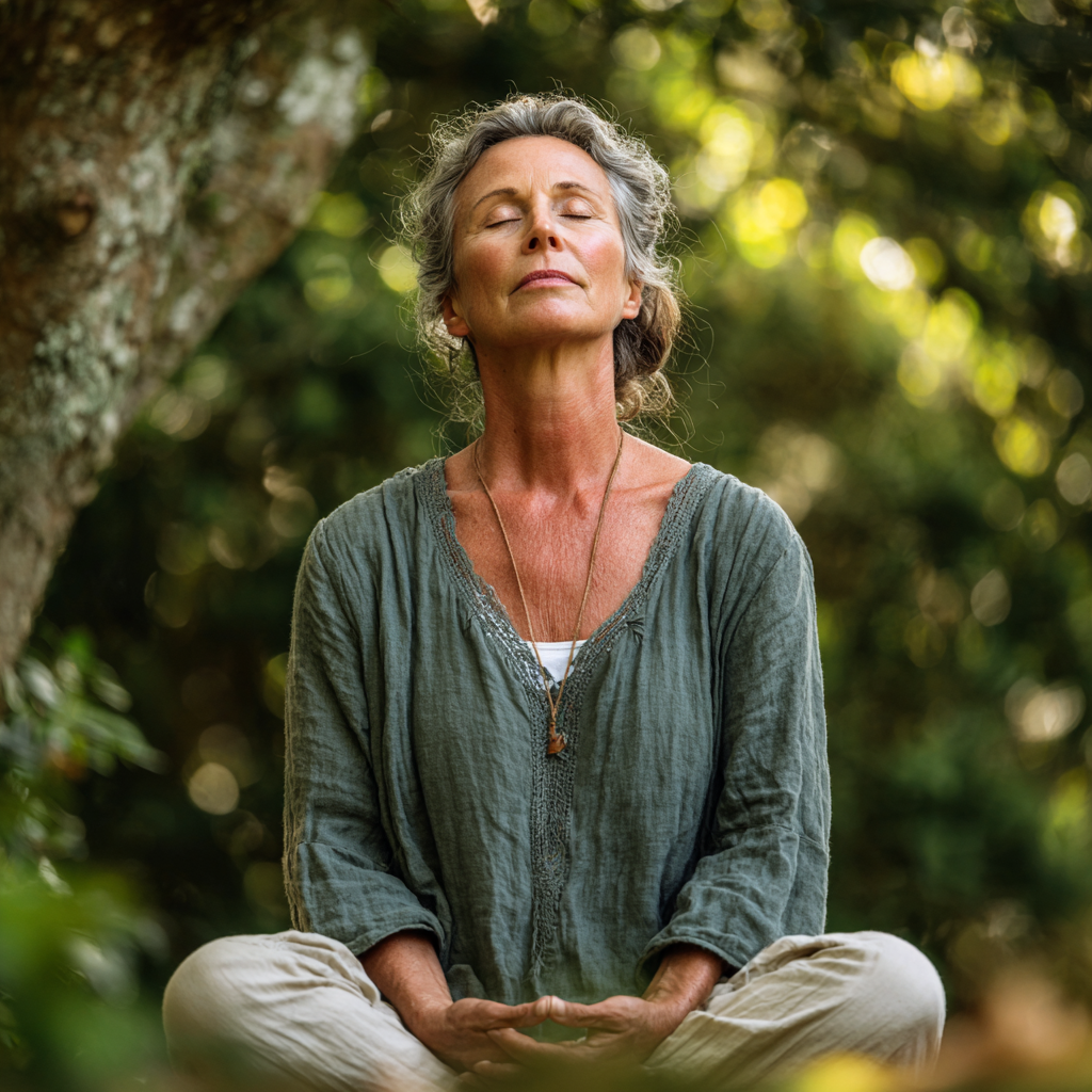 Mature woman practicing peaceful yoga meditation in natural outdoor setting