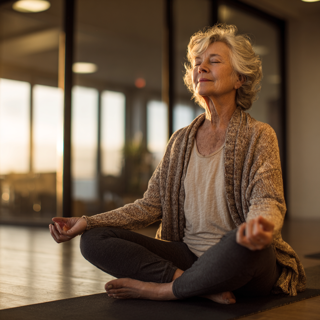 Senior adult enjoying peaceful yoga practice in serene studio environment